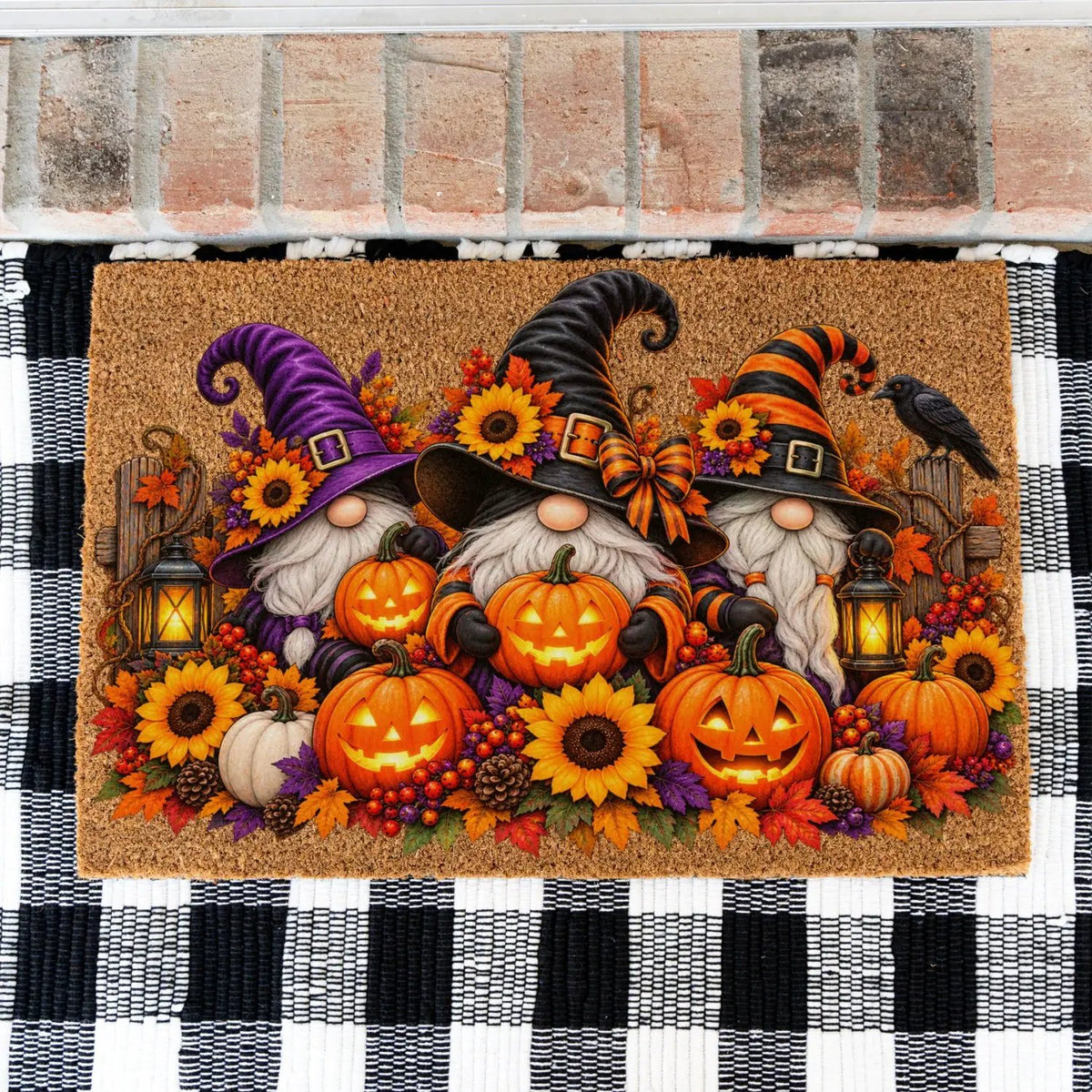 Halloween Gnome Doormat, Witch Gnomes & Pumpkins Coir Mat, Cute Spooky Fall Welcome Mat, Halloween Porch Decor, Autumn Door Mat