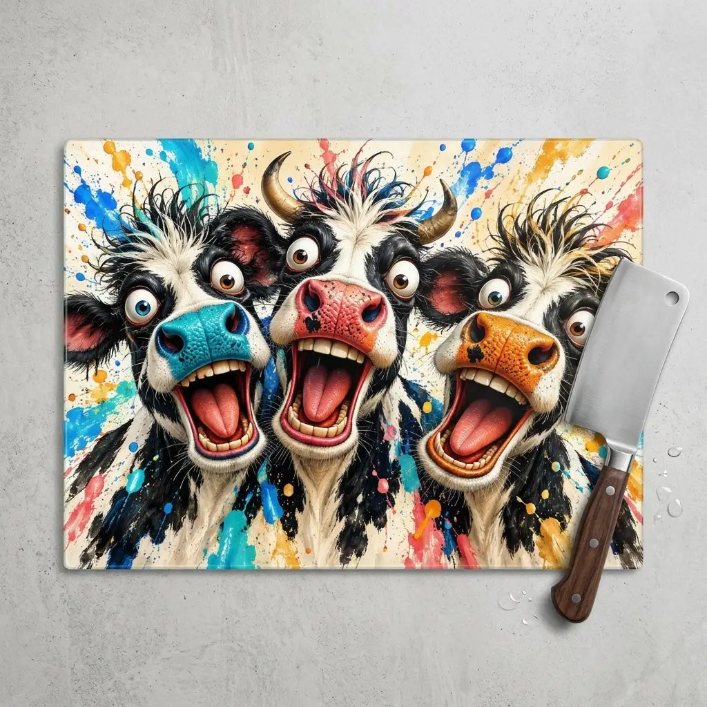 Funny Screaming Cow Glass Cutting Board, Colorful Cow Kitchen Decor, Cow Lover Gift, Funny Farmhouse Gift