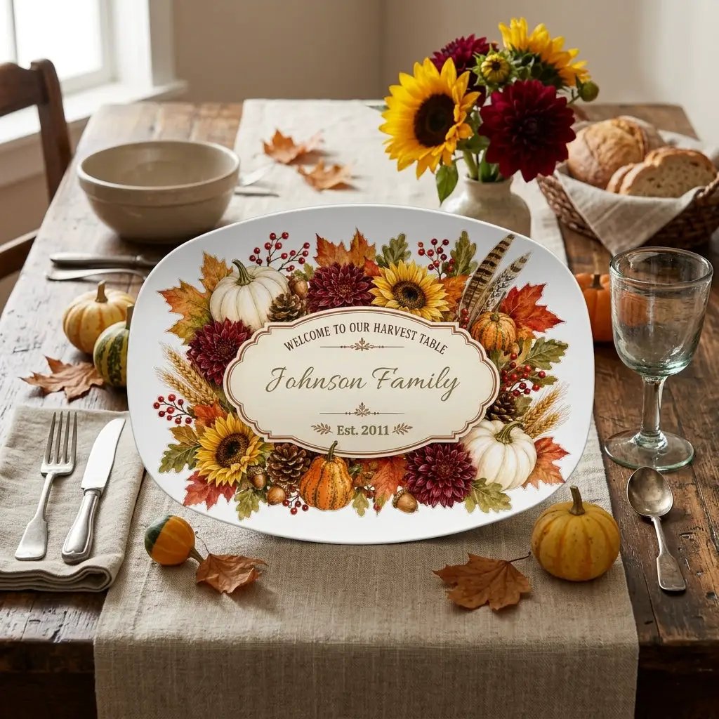 Personalized Thanksgiving Platter, Custom Family Name Harvest Serving Platter, Woodland Fall Decor, Pumpkin Sunflower Hostess Gift, 10x14