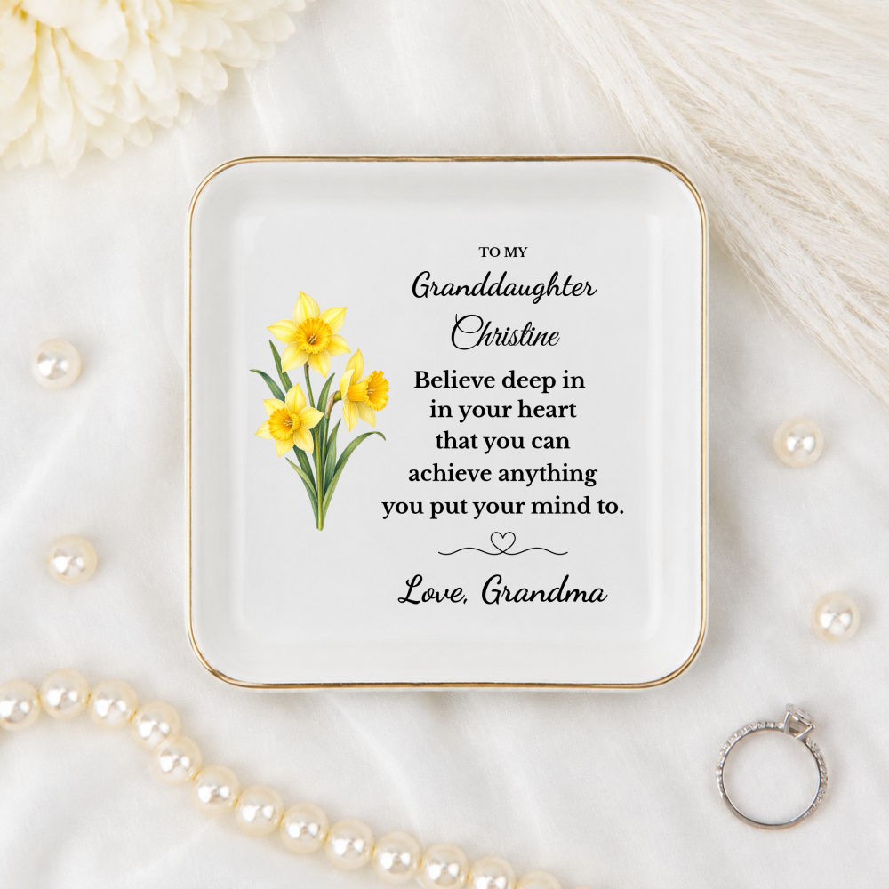 Personalized Daughter/ Granddaughter Jewelry Dish, Birth Flower Trinket Tray, Custom Name Inspirational Ceramic Ring Dish
