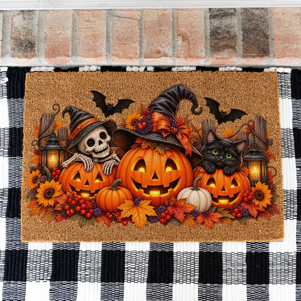 Halloween Doormat, Pumpkin Cat Skeleton Coir Mat, Spooky Fall Welcome Mat, Witch Pumpkin Door Mat, Halloween Porch Decor