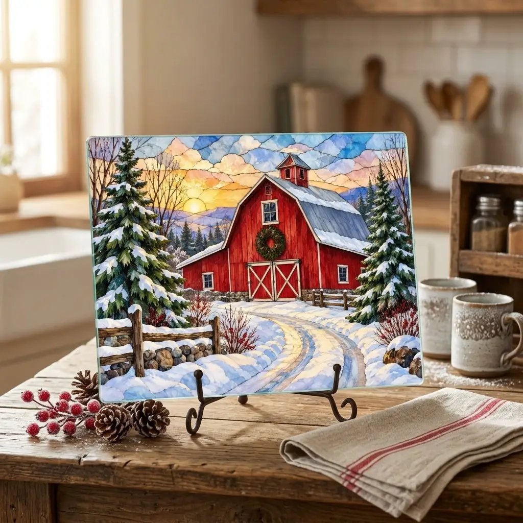 Winter Red Barn Glass Cutting Board, Snowy Country Road Farmhouse Kitchen Decor, Rustic Christmas Barn Gift