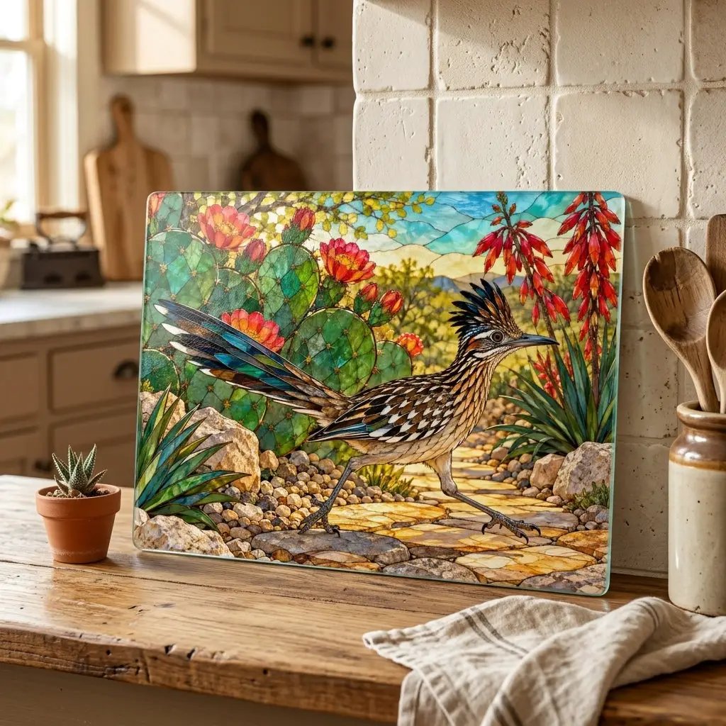 Roadrunner Glass Cutting Board, Desert Bird Kitchen Decor, Southwestern Cactus Chopping Board, Wildlife Lover Gift, Kitchen Counter Accent