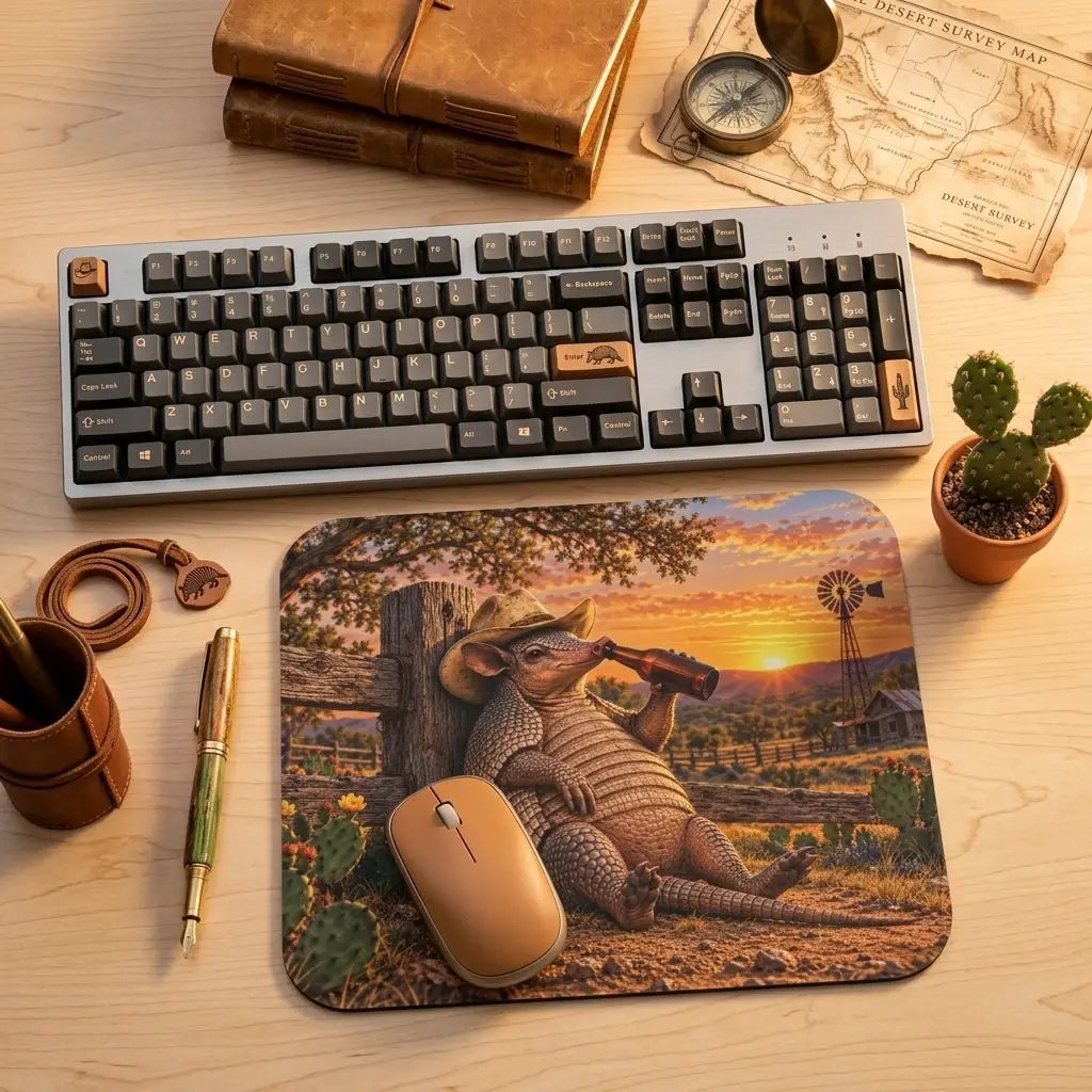 Funny Armadillo Mouse Pad, Texas Cowboy Desk Decor, Beer Lover Gift, Western Office Accessory, Funny Texas Gift for Him
