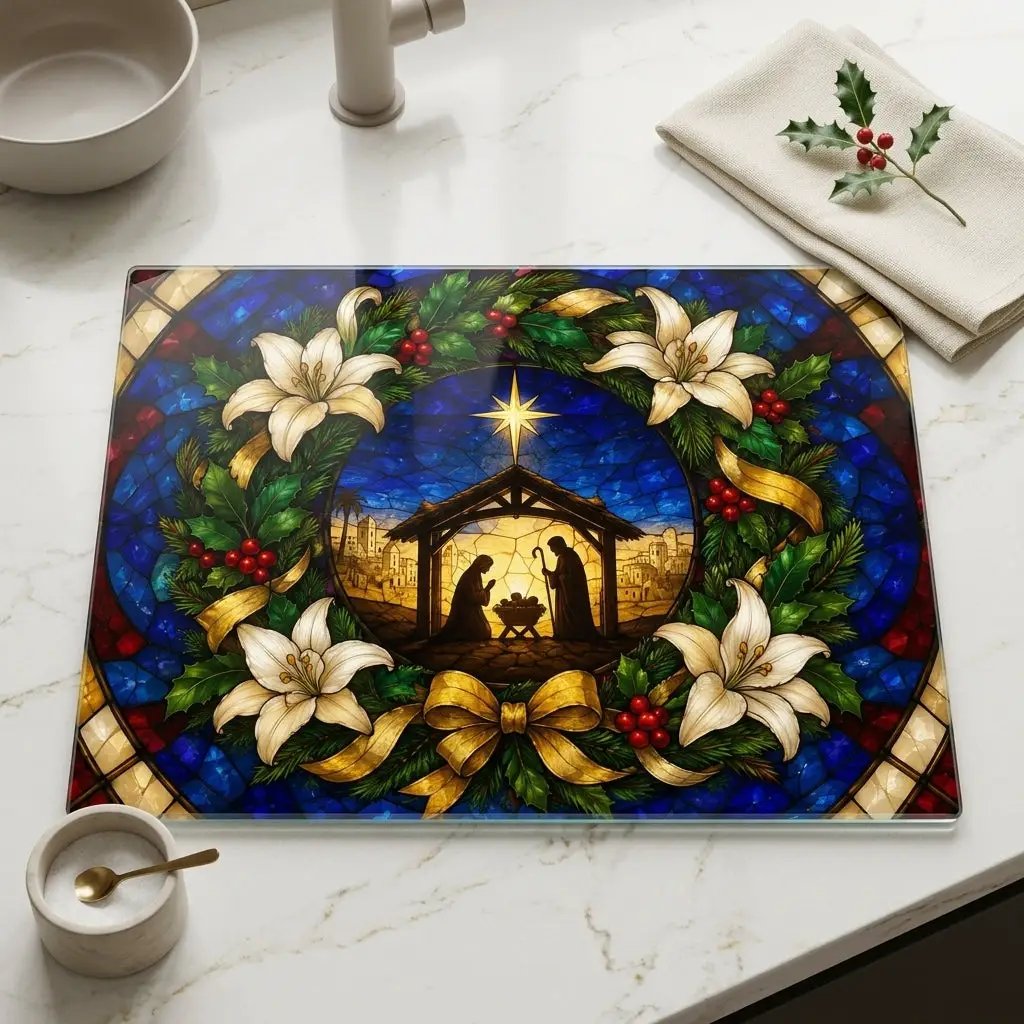 Nativity Glass Cutting Board, Stained Glass Christmas Decor, Holy Family Christian Kitchen Gift, Religious Christmas Cutting Board
