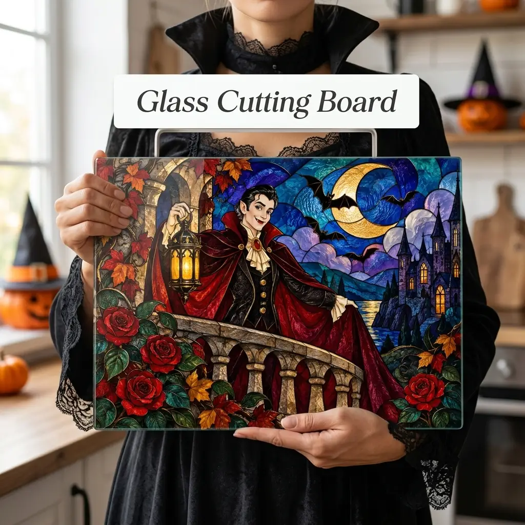 Halloween Dracula Personalized Glass Cutting Board, Spooky Vampire Kitchen Decor