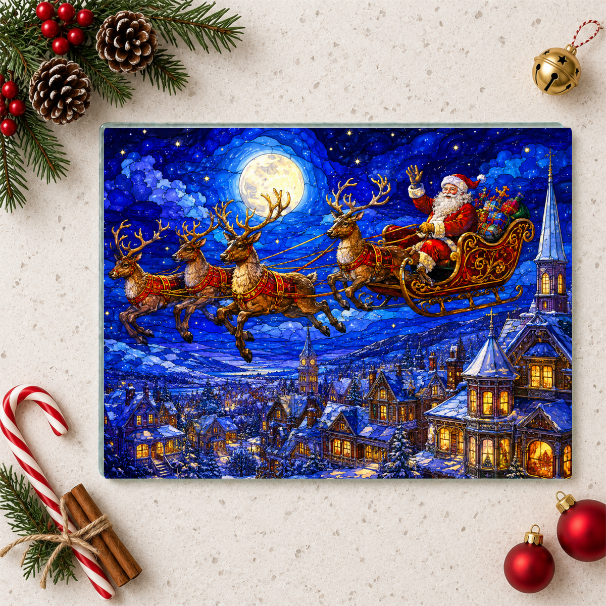 Santa Sleigh Glass Cutting Board, Reindeer Christmas Kitchen Decor, Christmas Eve Serving Board, Stained Glass Santa Gift, Holiday Decor