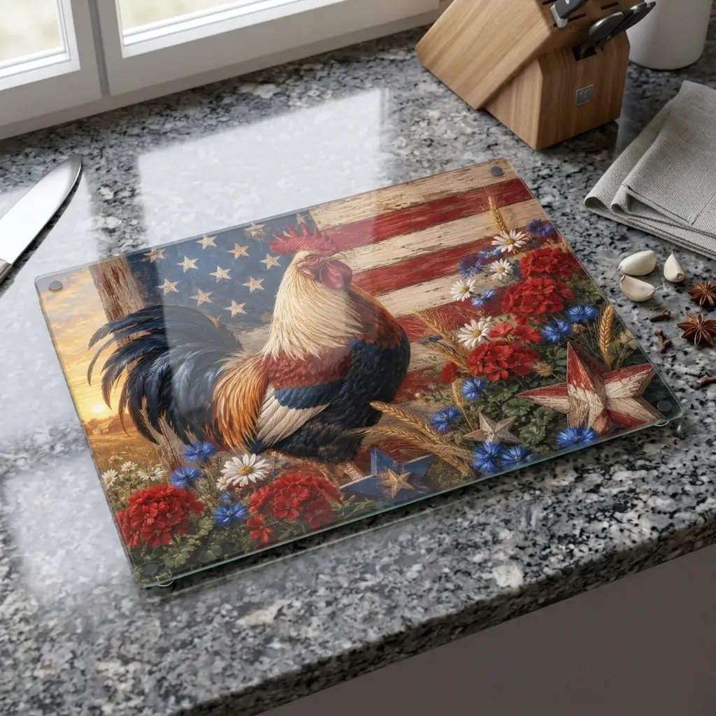 Patriotic Rooster Cutting Board, American Flag Glass Cutting Board, Farmhouse Kitchen Decor, Americana Rooster Gift, Country Kitchen