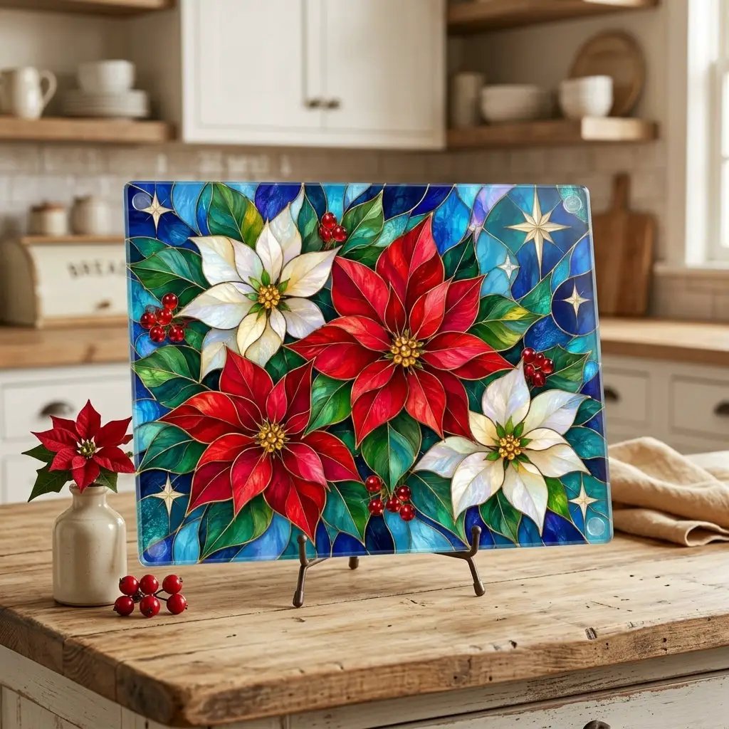 Christmas Poinsettia Glass Cutting Board, Stained Glass Floral Kitchen Decor, Holiday Serving Board, Festive Christmas Kitchen Gift