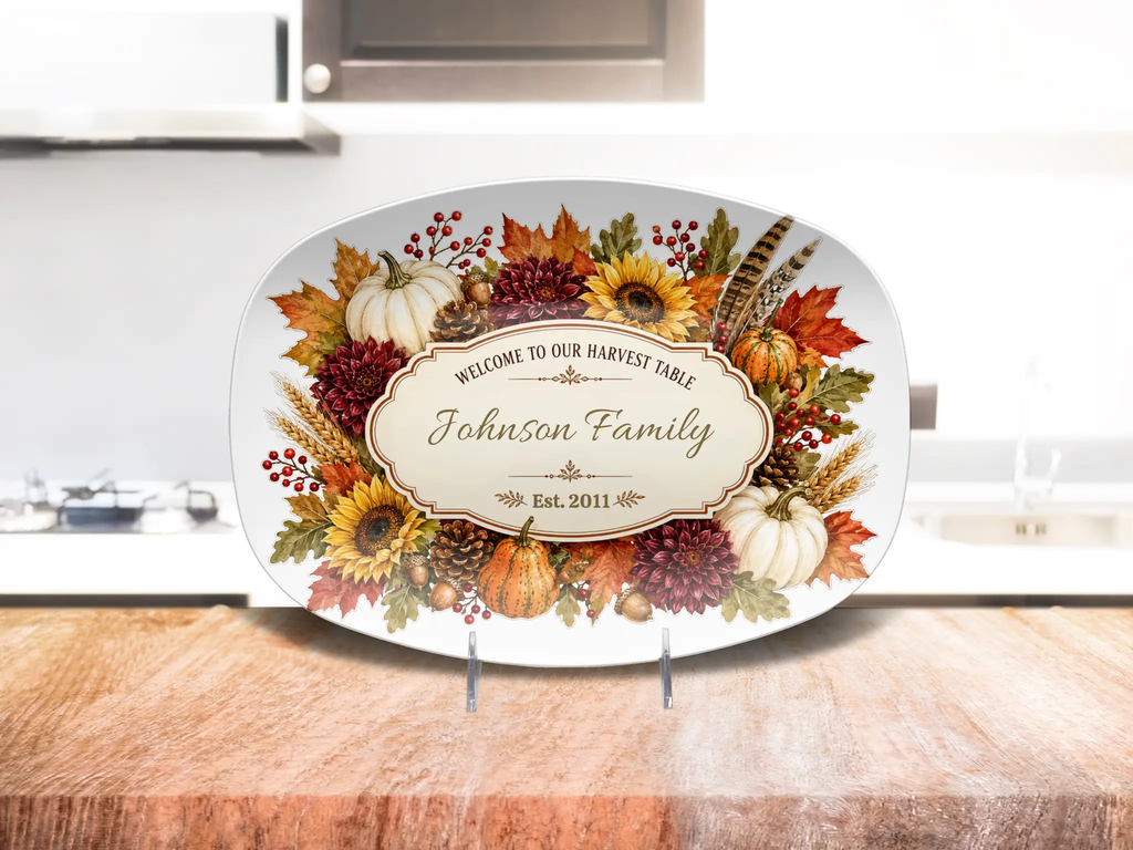 Personalized Thanksgiving Platter, Custom Family Name Harvest Serving Platter, Woodland Fall Decor, Pumpkin Sunflower Hostess Gift, 10x14