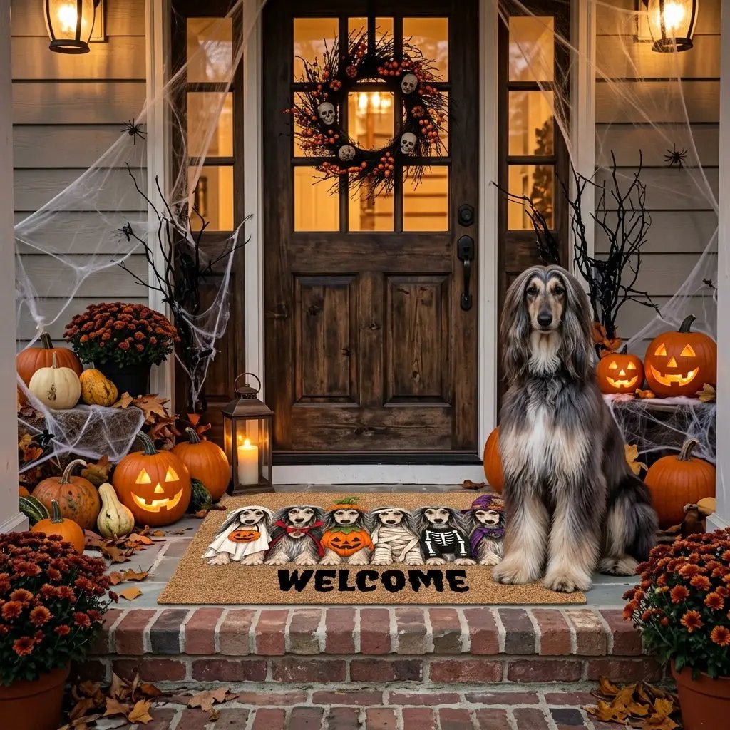 Dog Breed Personalized Halloween Costume Doormat, Custom Dog Welcome Mat, Halloween Coir Doormat, Family Name Dog Lover Gift