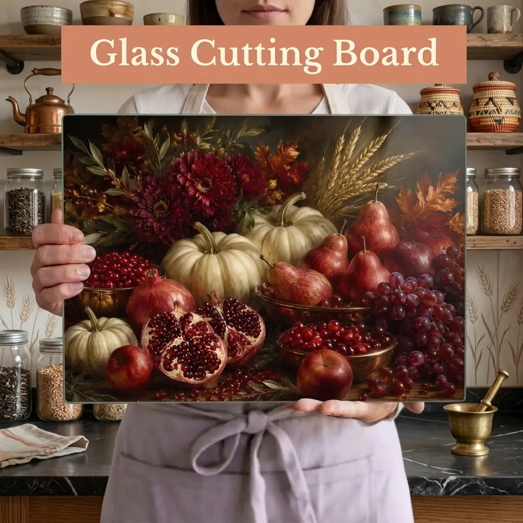 Pomegranate Glass Cutting Board, White Pumpkin Fall Kitchen Decor, Elegant Autumn Cutting Board, Harvest Kitchen Gift