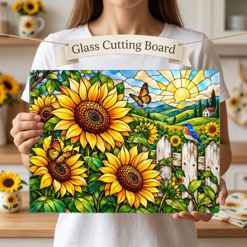 Sunflower Glass Cutting Board, Country Garden Kitchen Decor, Butterfly Sunflower Gift, Bluebird Floral Board, Cottage Kitchen Decor