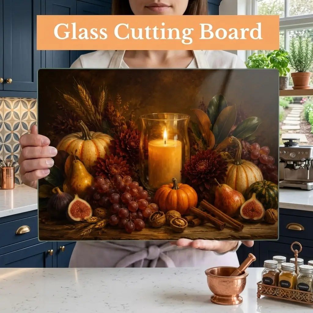Fall Candle Glass Cutting Board, Cozy Autumn Kitchen Decor, Pumpkin Harvest Cutting Board, Thanksgiving Hostess Gift