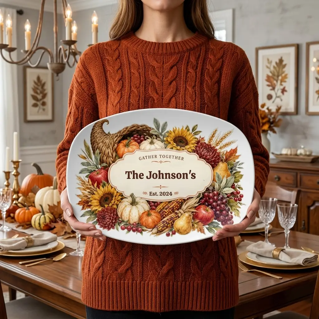 Personalized Fall Platter, Custom Family Name Serving Platter, Harvest Thanksgiving Tray, Autumn Hostess Gift, Housewarming Gift
