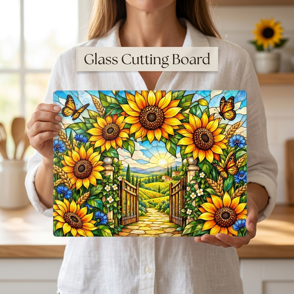 Sunflower Glass Cutting Board, Garden Gate Kitchen Decor, Stained Glass Floral Art, Sunflower Housewarming Gift, Cottage Garden Decor