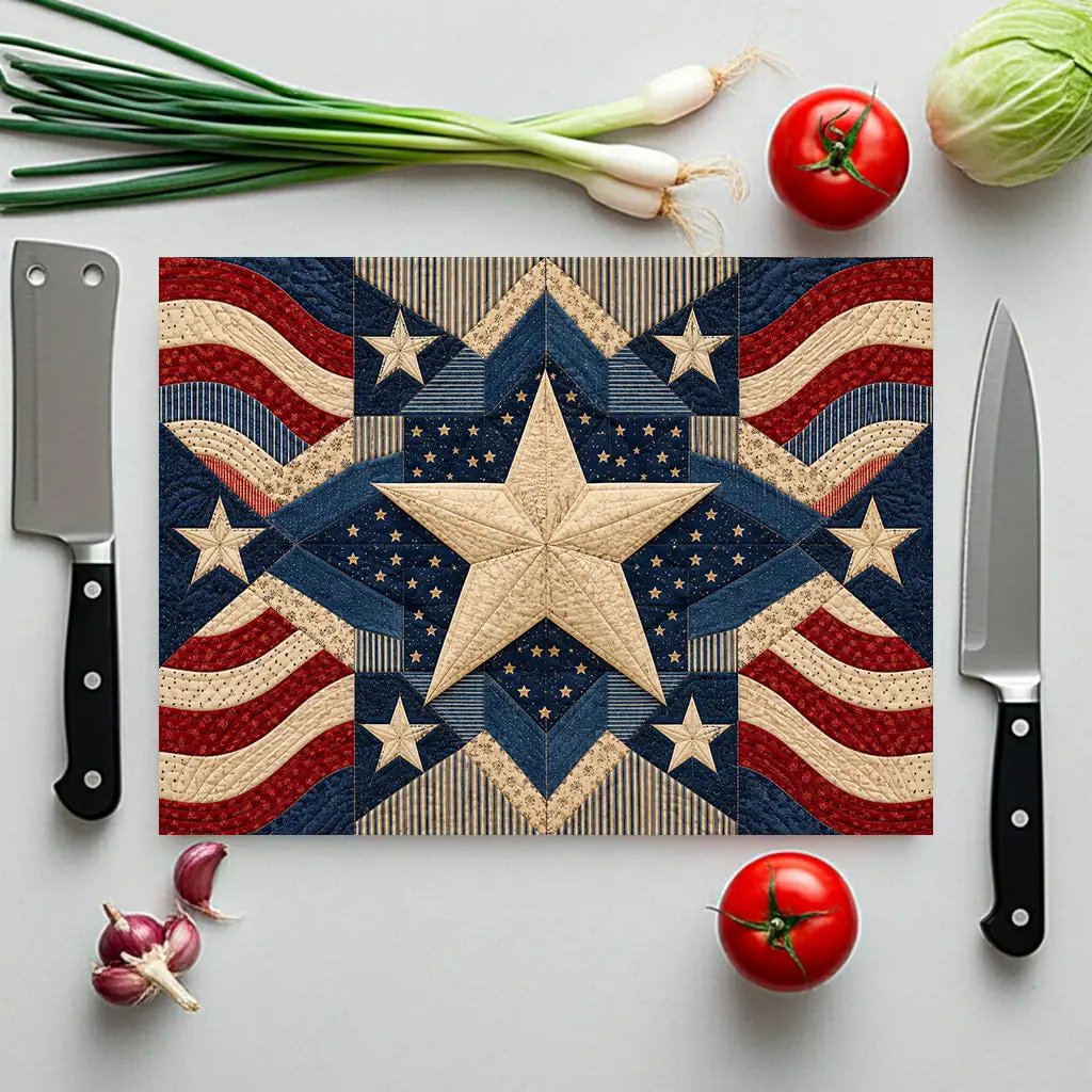 Patriotic Quilt Cutting Board, American Flag Glass Cutting Board, Americana Star Kitchen Decor, Quilter Gift, Red White Blue Decor