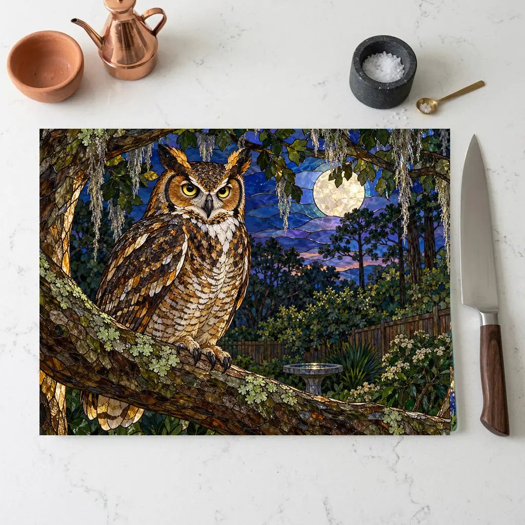 Great Horned Owl Glass Cutting Board, Owl Kitchen Decor, Backyard Bird Lover Gift, Birdwatcher Gift, Woodland Serving Board