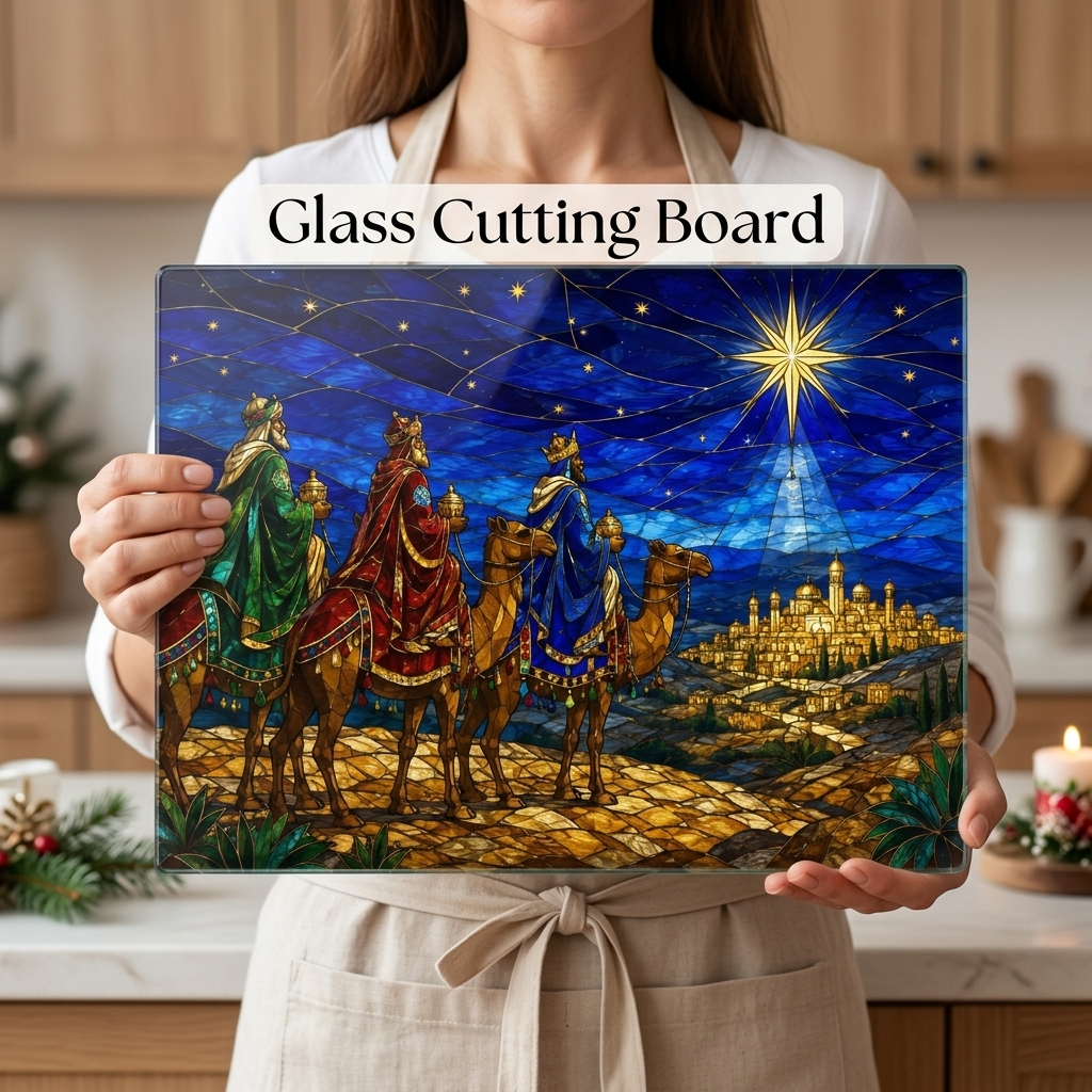 Three Wise Men Glass Cutting Board, Christian Christmas Gift, Magi Star of Bethlehem Decor, Religious Christmas, Stained Glass Art