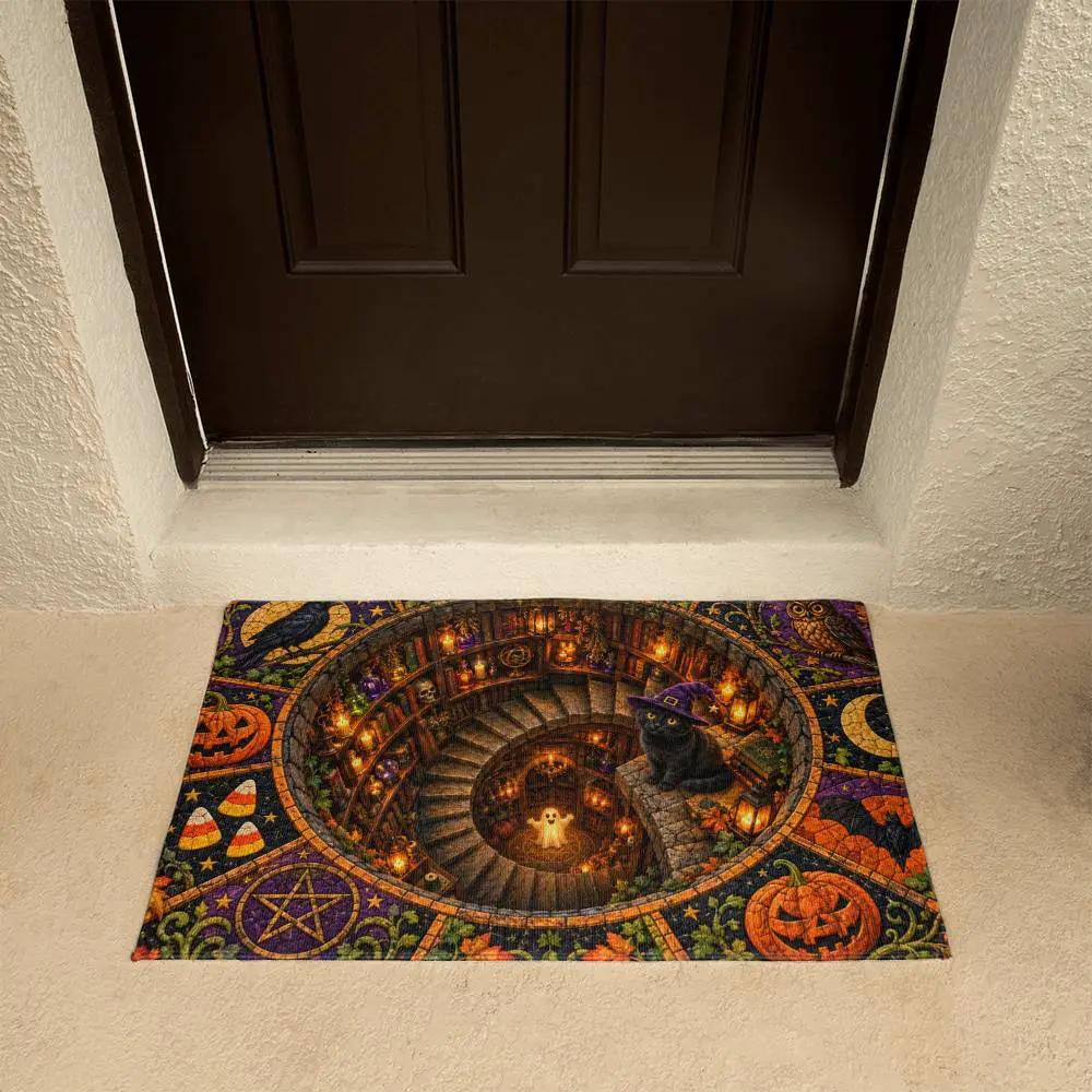 Black Cat 3D Halloween Doormat, Witchy Spiral Staircase Door Mat, Spooky Cat Welcome Mat, Pumpkin Halloween Porch Decor