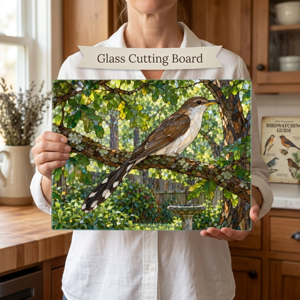 Yellow Billed Cuckoo Glass Cutting Board, Backyard Bird Kitchen Decor, Birdwatcher Gift, Bird Lover Gift, Woodland Serving Board