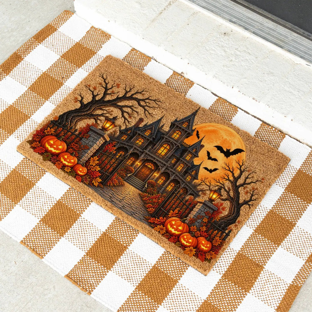 Haunted House Halloween Doormat, Gothic Mansion Coir Welcome Mat, Spooky Fall Porch Decor, Pumpkin Front Door Mat, Halloween Entryway