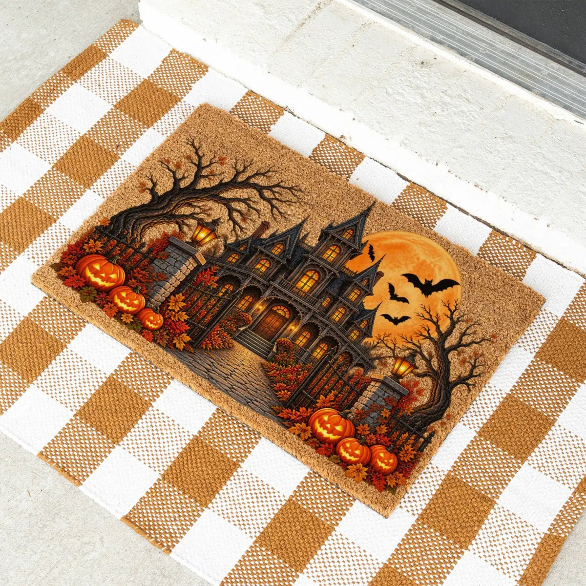 Haunted House Halloween Doormat, Gothic Mansion Coir Welcome Mat, Spooky Fall Porch Decor, Pumpkin Front Door Mat, Halloween Entryway