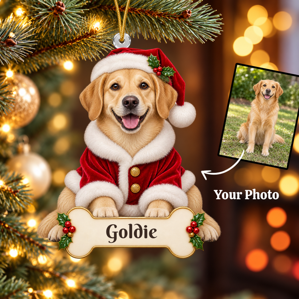 Personalized Santa Dog Christmas Ornament from Photo, Custom Pet Portrait Acrylic Ornament, Dog Lover Gift, Custom Name Keepsake
