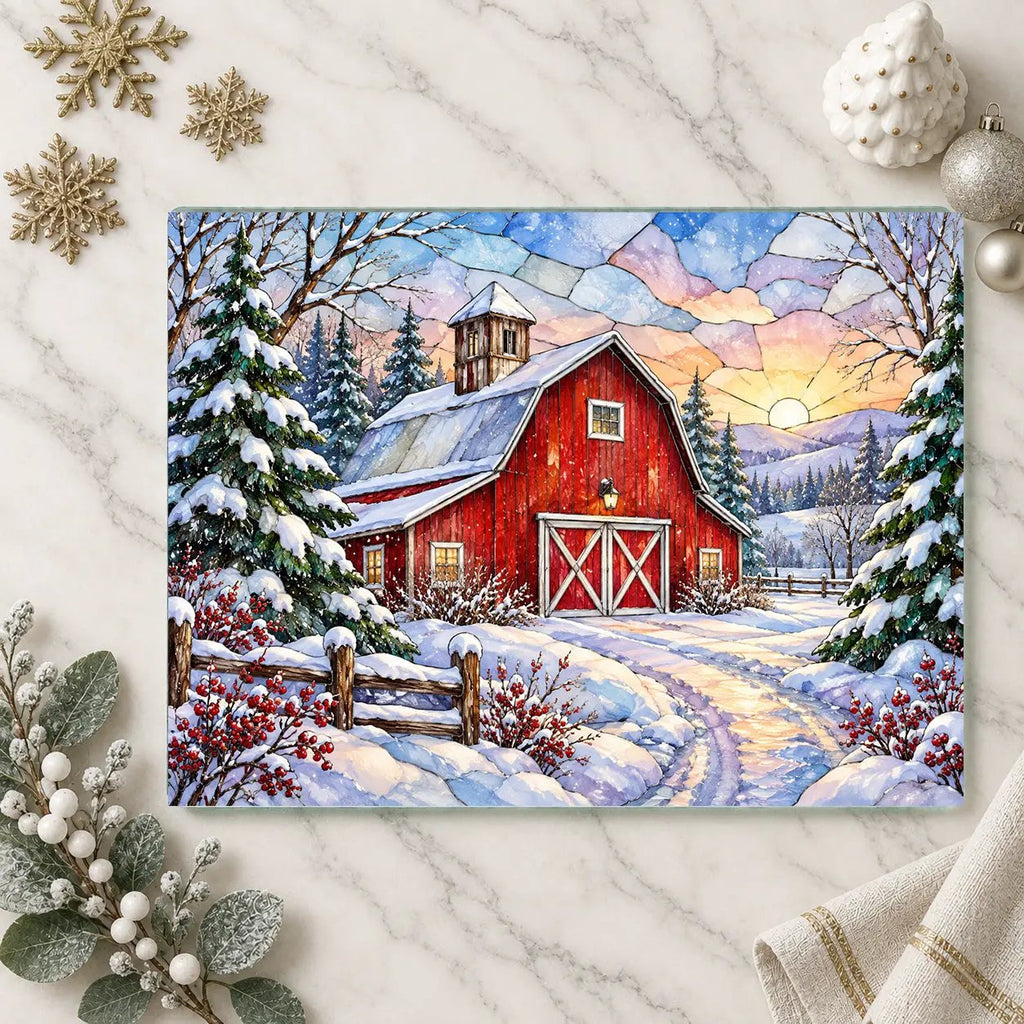 Winter Country Barn Glass Cutting Board, Red Barn Farmhouse Kitchen Decor, Snowy Rustic Country Christmas Gift