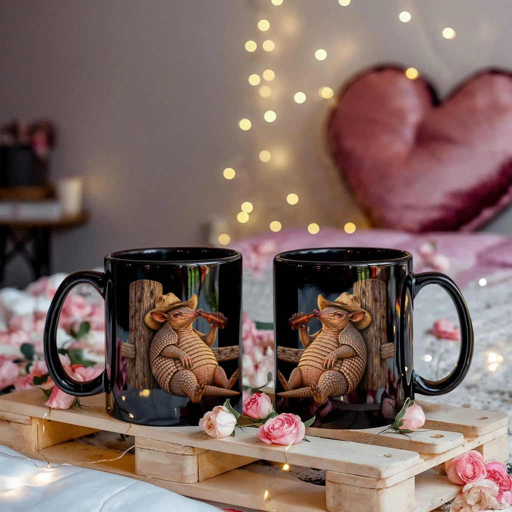 Funny Armadillo Black Coffee Mug, Texas Cowboy Mug, Beer Drinking Armadillo Gift, Western Coffee Cup, Funny Texas Gift for Him