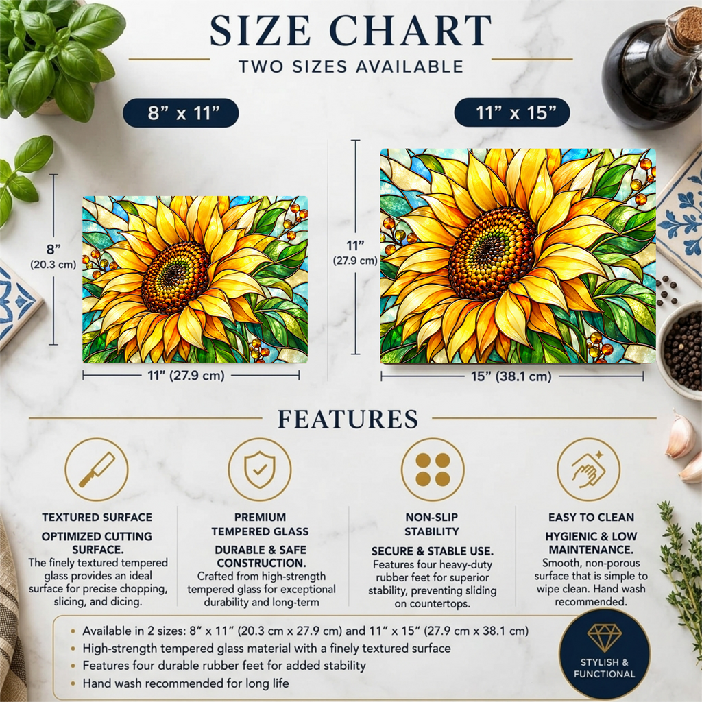 Sunflower Glass Cutting Board, Stained Glass Floral Kitchen Decor, Yellow Flower Chopping Board, Gift for Mom, Housewarming Gift