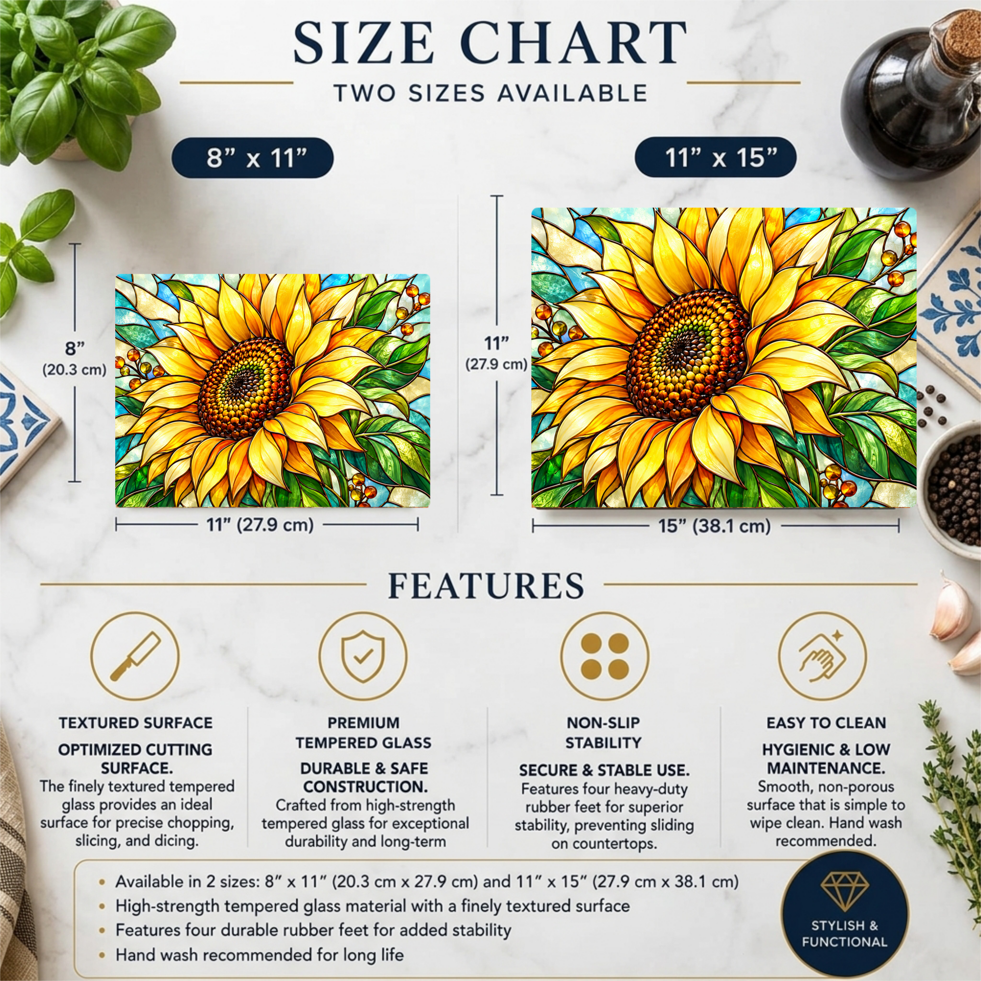 Sunflower Glass Cutting Board, Stained Glass Floral Kitchen Decor, Yellow Flower Chopping Board, Gift for Mom, Housewarming Gift