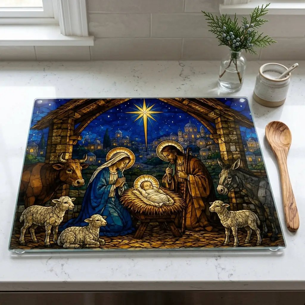 Nativity Glass Cutting Board, Stained Glass Christmas Decor, Holy Family Christian Kitchen Gift, Religious Christmas Cutting Board