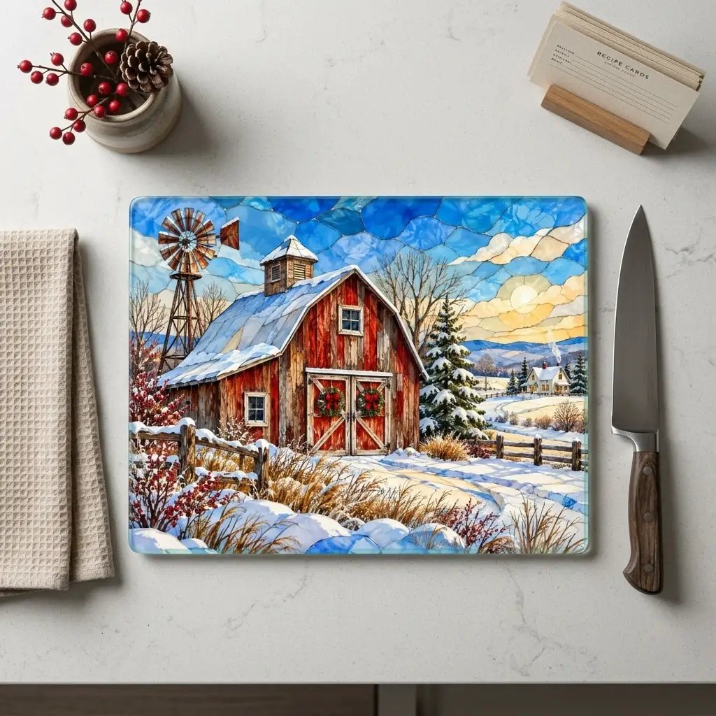 Winter Windmill Farm Glass Cutting Board, Red Barn Country Kitchen Decor, Rustic Farmhouse Christmas Gift