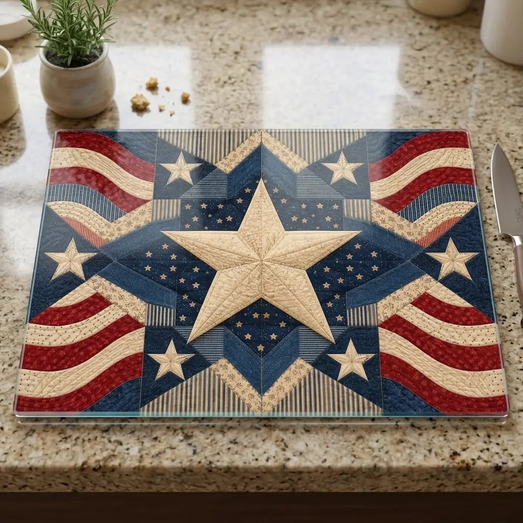 Patriotic Quilt Cutting Board, American Flag Glass Cutting Board, Americana Star Kitchen Decor, Quilter Gift, Red White Blue Decor