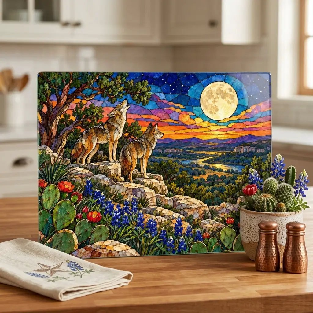 Texas Coyote Glass Cutting Board, Call of the Wild Moonlight Decor, Bluebonnet Kitchen Art, Western Wildlife Gift, Texas Kitchen Decor