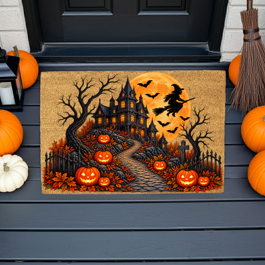Haunted House Doormat, Halloween Witch Welcome Mat, Spooky Mansion Coir Doormat, Jack O Lantern Door Mat, Gothic Halloween Porch Decor
