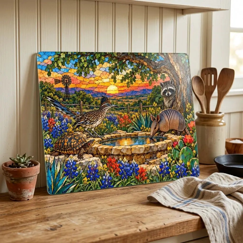 Texas Wildlife Glass Cutting Board, Roadrunner Armadillo Raccoon Bluebonnet Kitchen Decor, Waterhole Texas Gift, Colorful Southwest Art