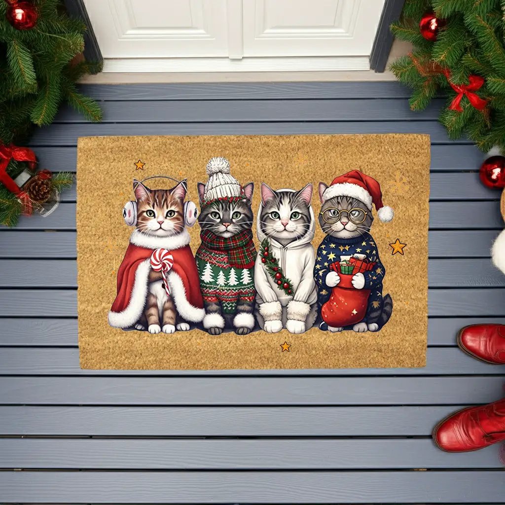 Christmas Cat Doormat, Funny Xmas Cats Coir Doormat, Cute Holiday Welcome Mat, Cat Lover Christmas Gift, Festive Front Porch Decor