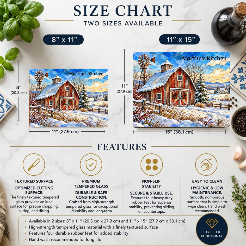 Winter Windmill Farm Glass Cutting Board, Red Barn Country Kitchen Decor, Rustic Farmhouse Christmas Gift