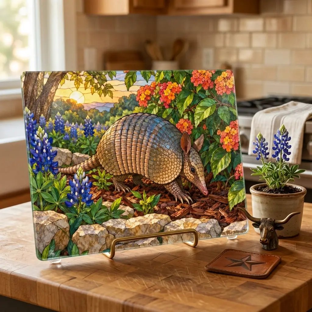 Armadillo Glass Cutting Board, Texas Kitchen Decor, Bluebonnet Armadillo Gift, Stained Glass Style Wildlife Art, Texas Housewarming Gift