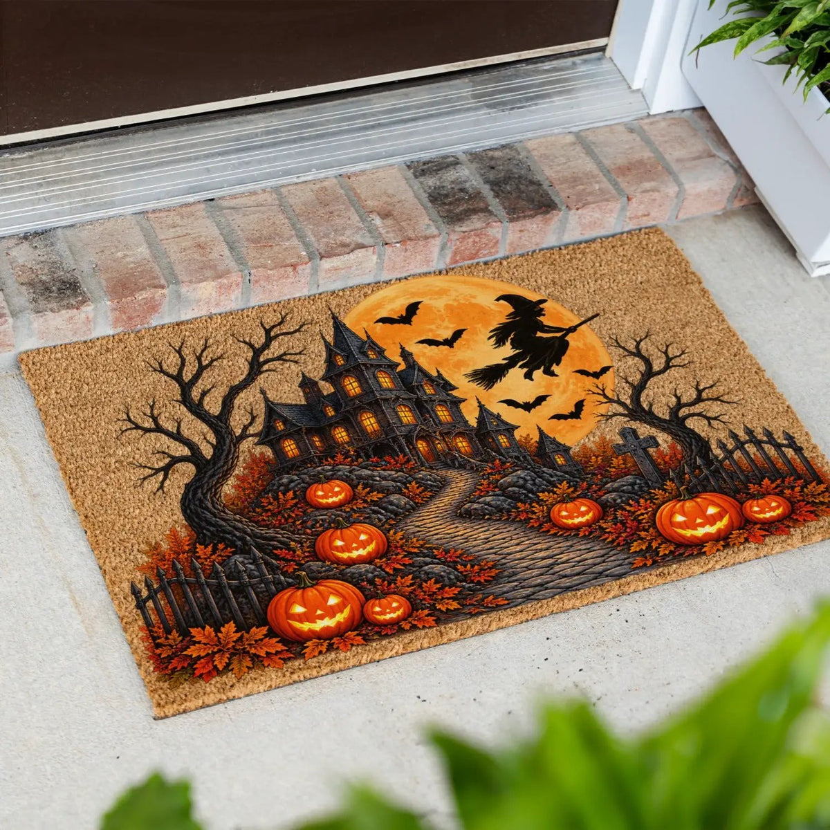 Haunted House Doormat, Halloween Witch Welcome Mat, Spooky Mansion Coir Doormat, Jack O Lantern Door Mat, Gothic Halloween Porch Decor