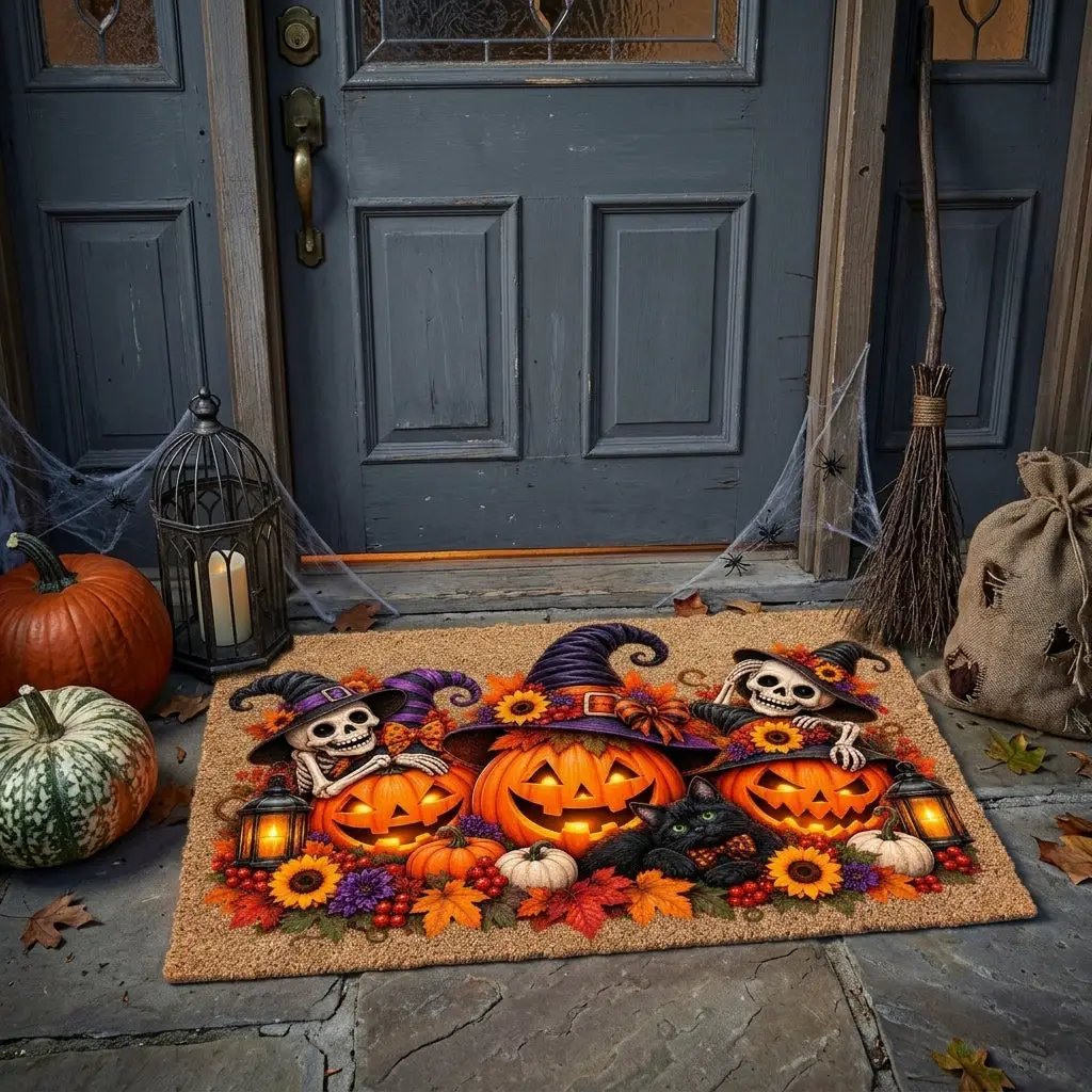 Halloween Skeleton Doormat, Jack O Lantern Coir Mat, Skeleton & Black Cat Welcome Mat, Spooky Fall Porch Decor, Halloween Door Mat