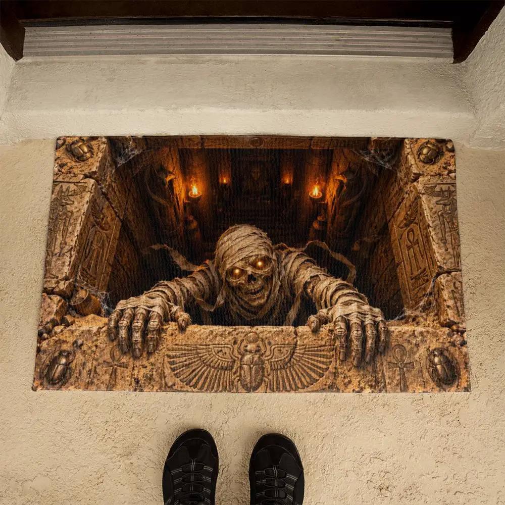 Mummy Halloween Doormat, 3D Egyptian Tomb Optical Illusion Mat, Creepy Mummy Door Mat, Haunted Halloween Porch Decor