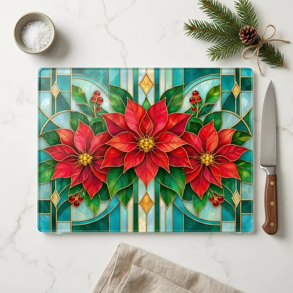 Christmas Poinsettia Glass Cutting Board, Stained Glass Floral Kitchen Decor, Holiday Serving Board, Festive Cooking Gift for Home Chefs
