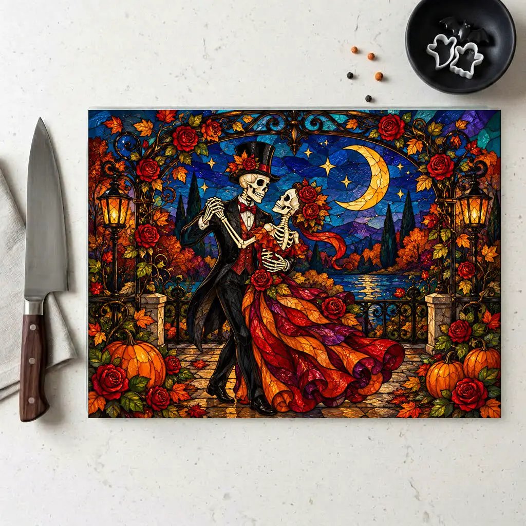 Halloween Skeleton Dancing Couple Personalized Glass Cutting Board, Gothic Romance Kitchen Decor