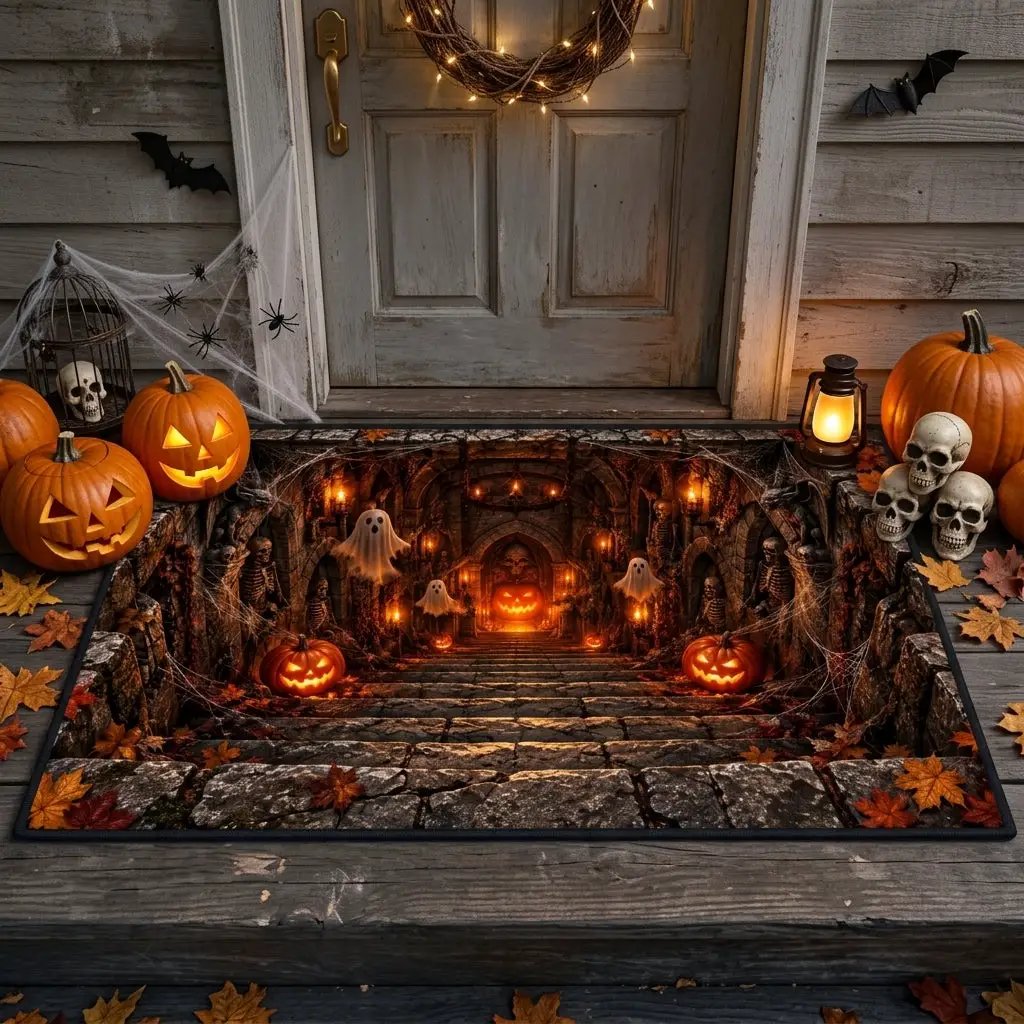 3D Haunted Crypt Doormat, Halloween Ghost Door Mat, Spooky Dungeon Entrance Mat, Skeleton Pumpkin Decor, Gothic Halloween Welcome Mat