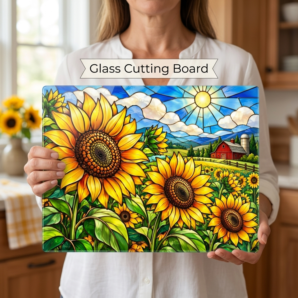 Sunflower Glass Cutting Board, Farmhouse Kitchen Decor, Country Sunflower Chopping Board, Stained Glass Floral Gift, Housewarming Gift