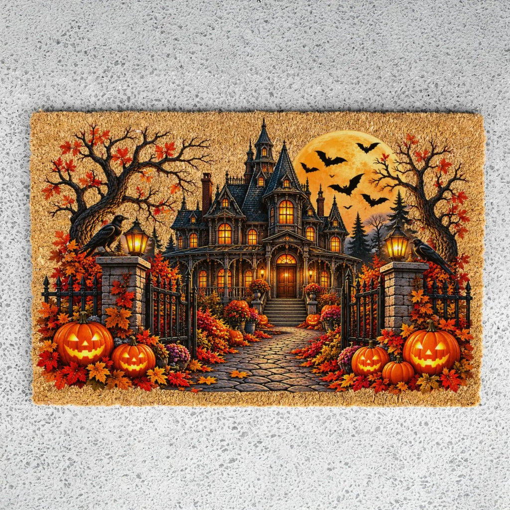 Spooky Mansion Doormat, Haunted House Halloween Welcome Mat, Raven & Pumpkin Coir Doormat, Gothic Fall Porch Decor, Halloween Door Mat