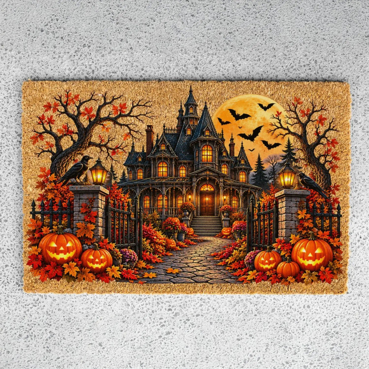 Spooky Mansion Doormat, Haunted House Halloween Welcome Mat, Raven & Pumpkin Coir Doormat, Gothic Fall Porch Decor, Halloween Door Mat